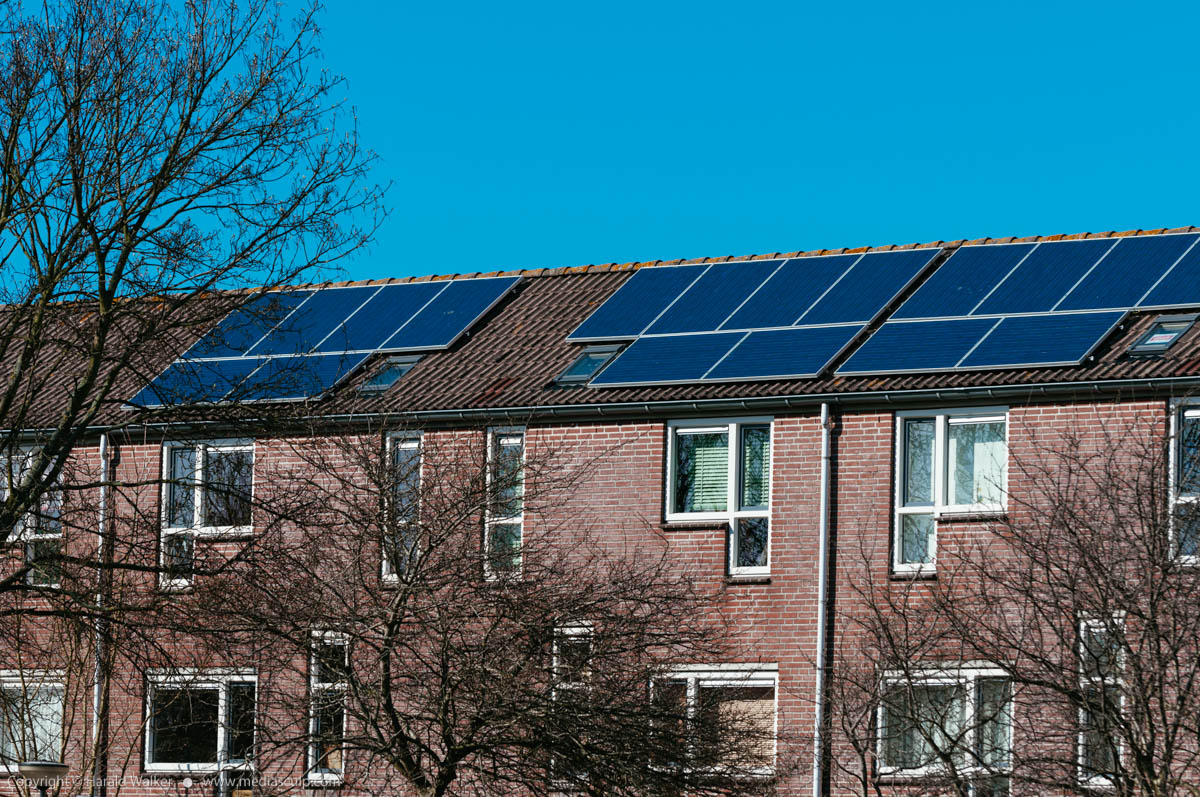 Stock photo of Solar panels on terraced homes