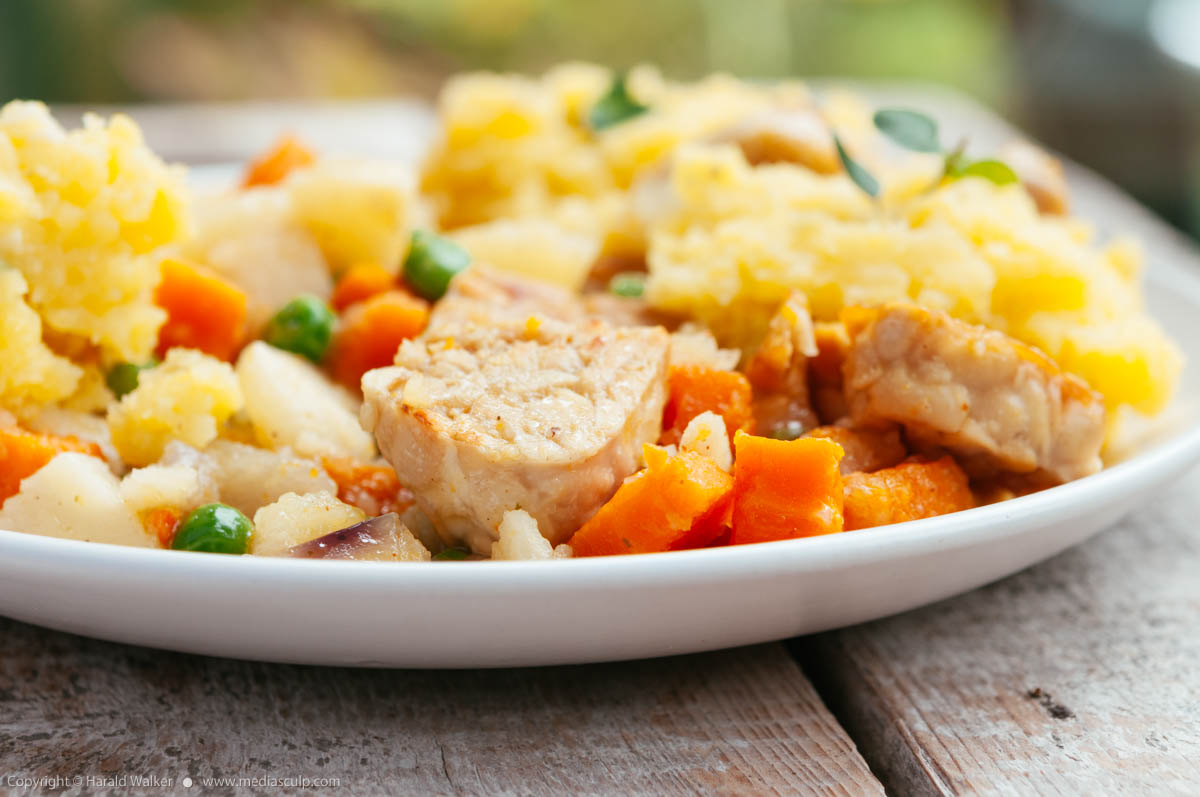 Stock photo of Tempeh Stew with Garlic Mashed Potatoes