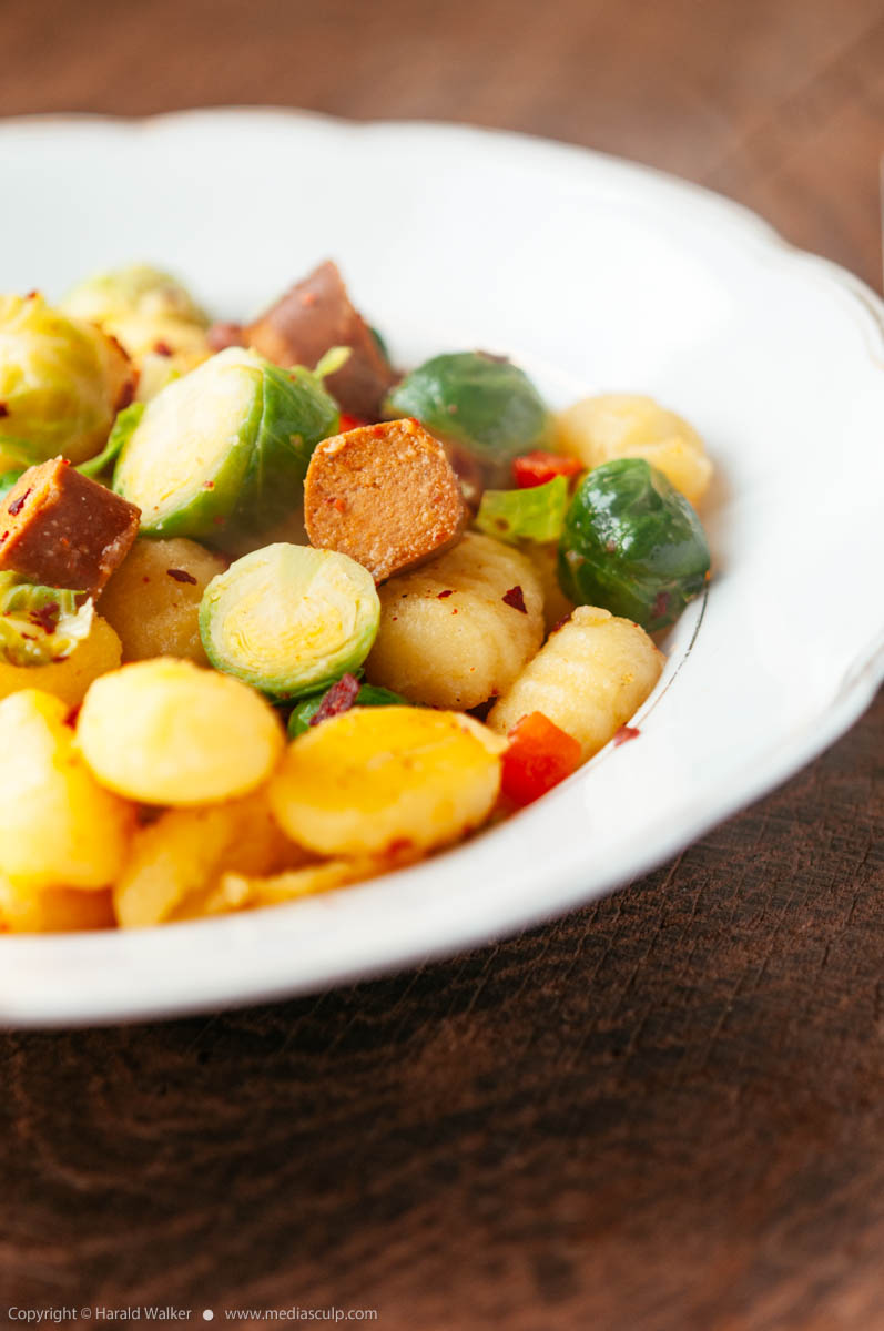 Stock photo of Gnocchi with Brussels Sprouts and Vegan Hot Dog Pieces