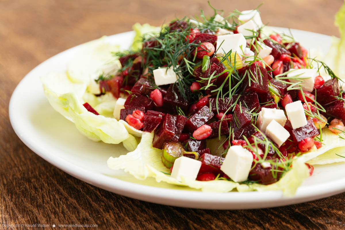 Stock photo of Beet and Barley Salad with Dill Dressing and Soy Cheese