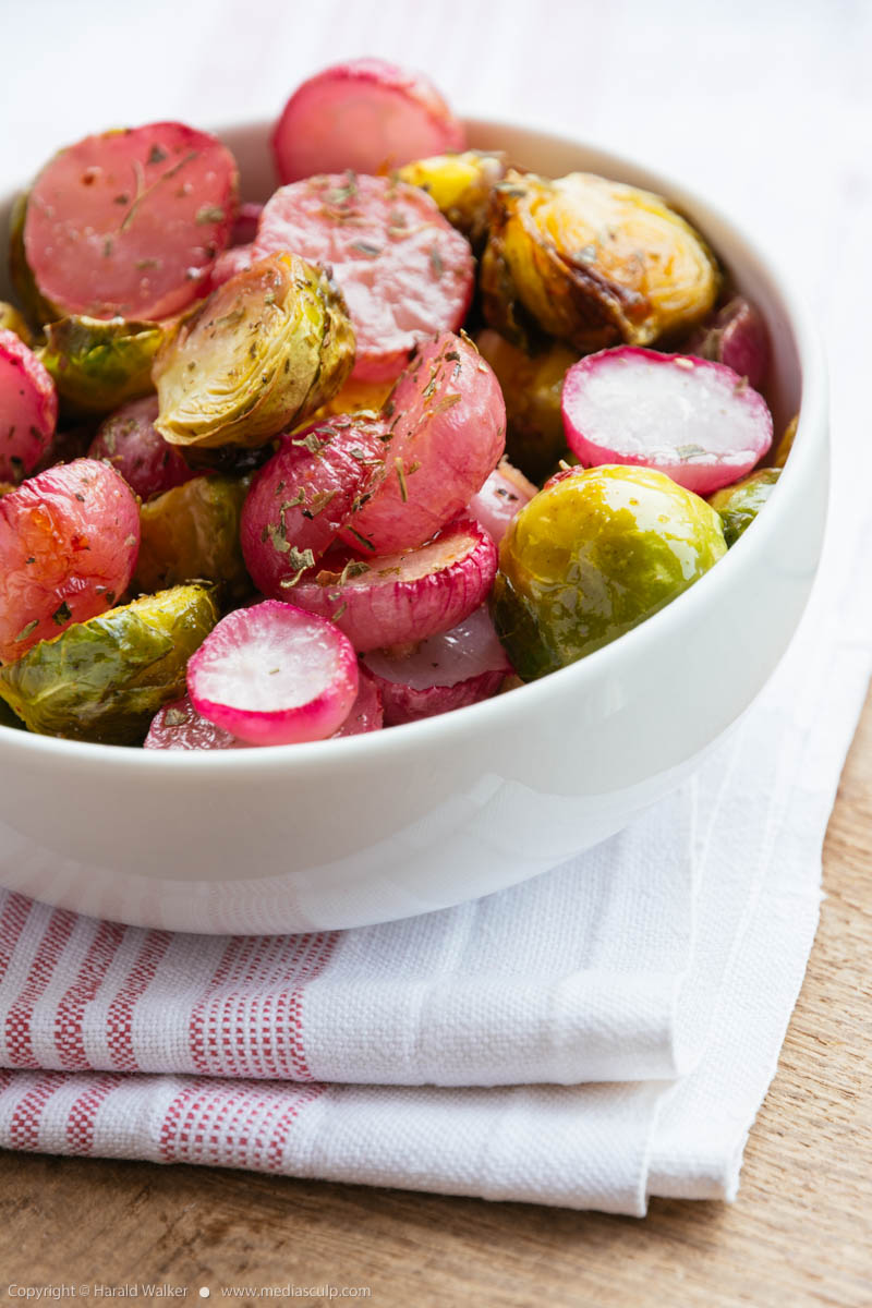 Stock photo of Roasted Brussels sprouts and Radishes