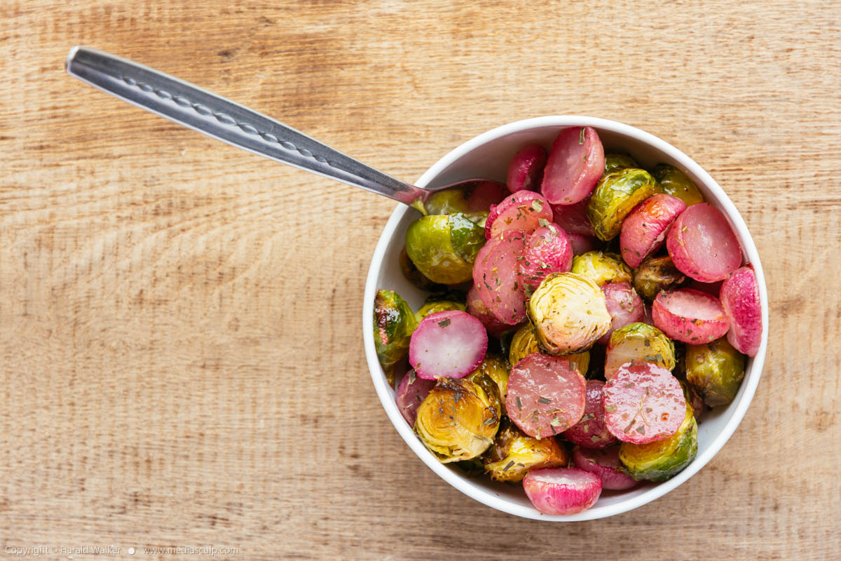 Stock photo of Roasted Brussels sprouts and Radishes