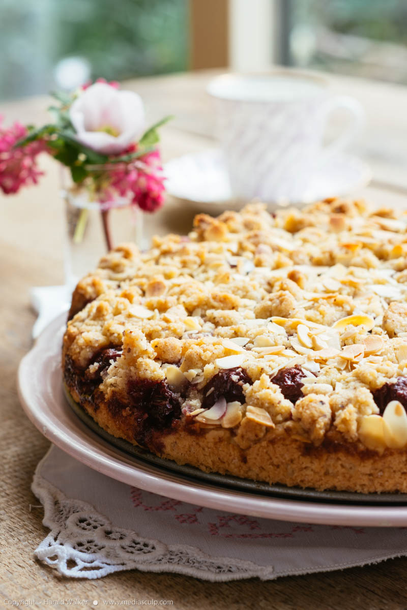 Stock photo of Chocolate Chip Cherry Cake with Almond Streusel Topping