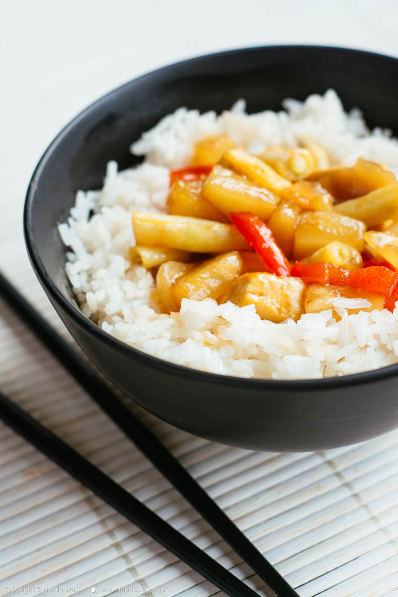 Stock photo of Sweet and sour tofu on rice