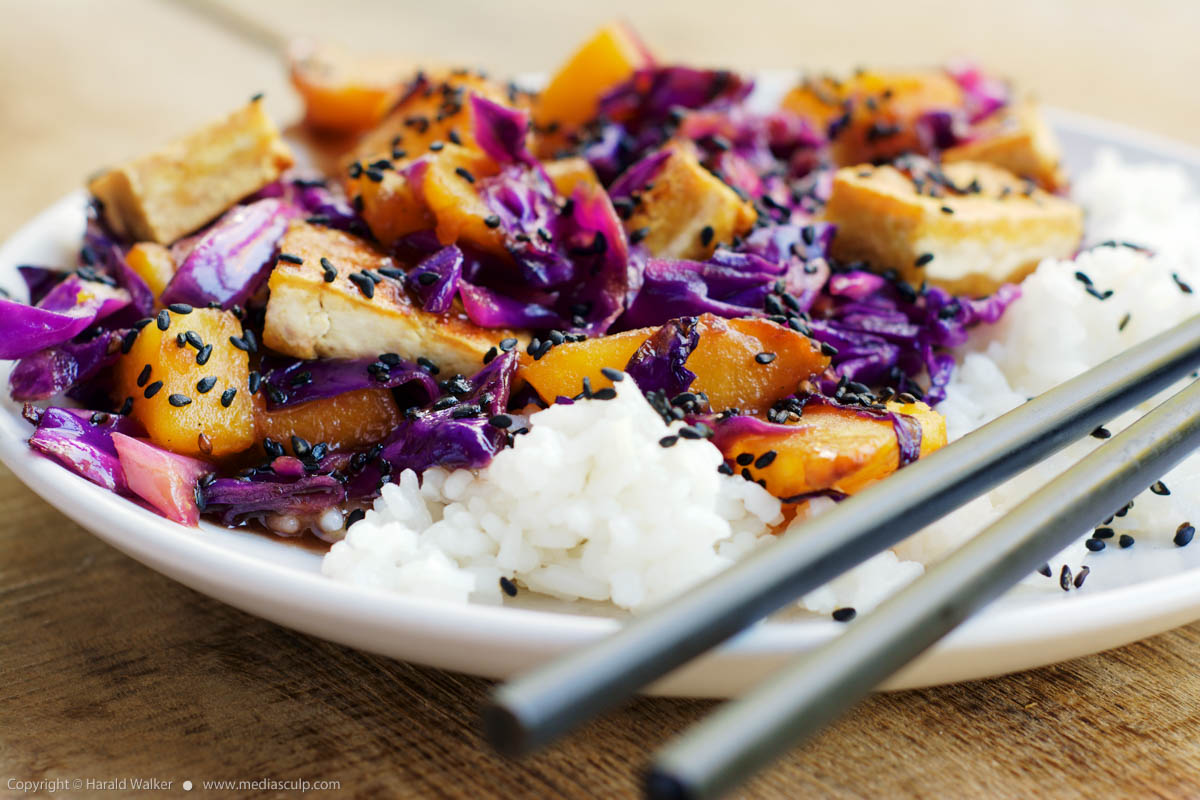 Stock photo of Stir Fried Tofu, Red Cabbage and Winter Squash