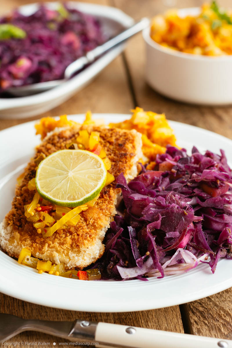 Stock photo of Tempeh fillets and Braised Red Cabbage Fennel