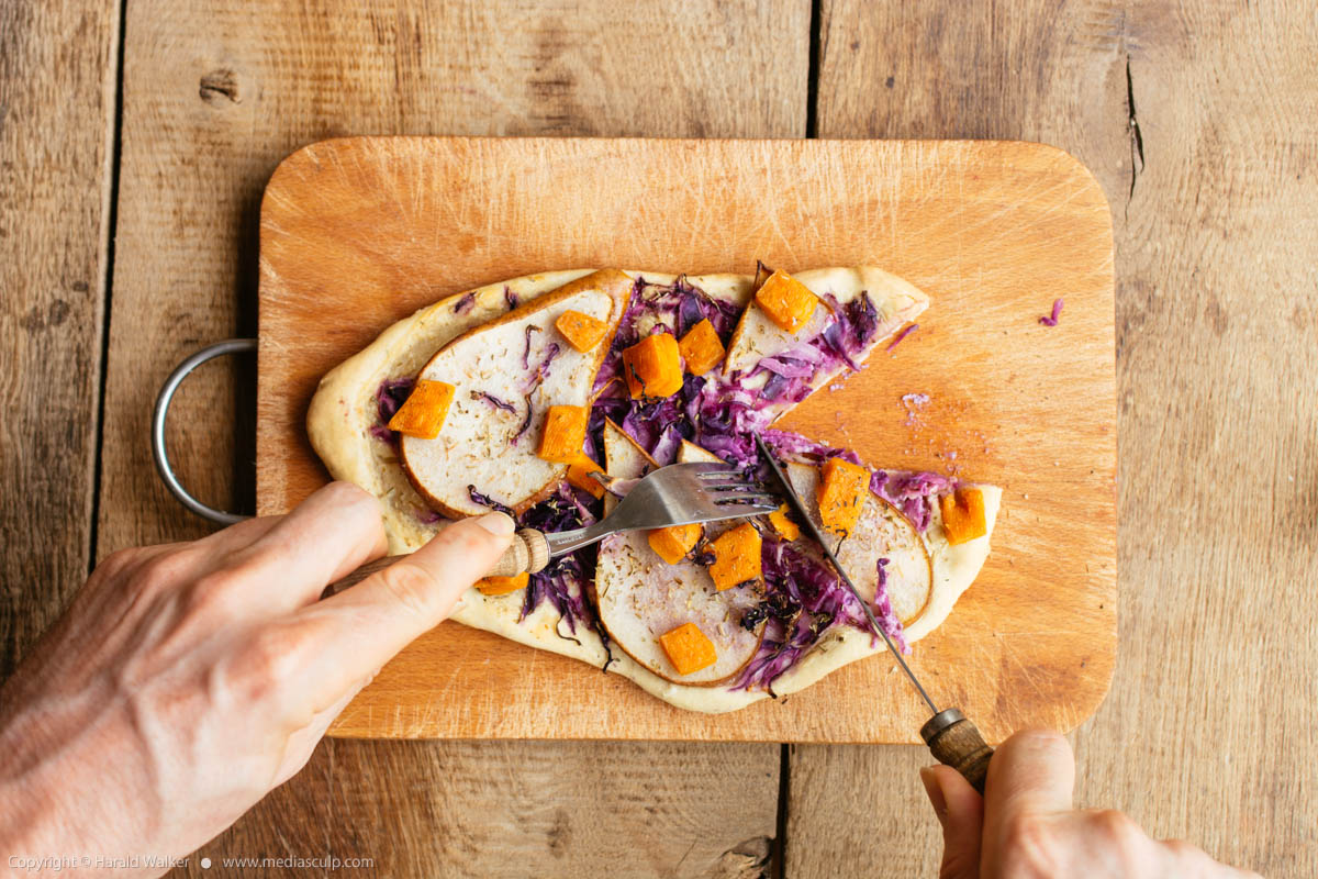 Stock photo of Flammkuchen with Red Cabbage, Pears and Non-Dairy Cheese