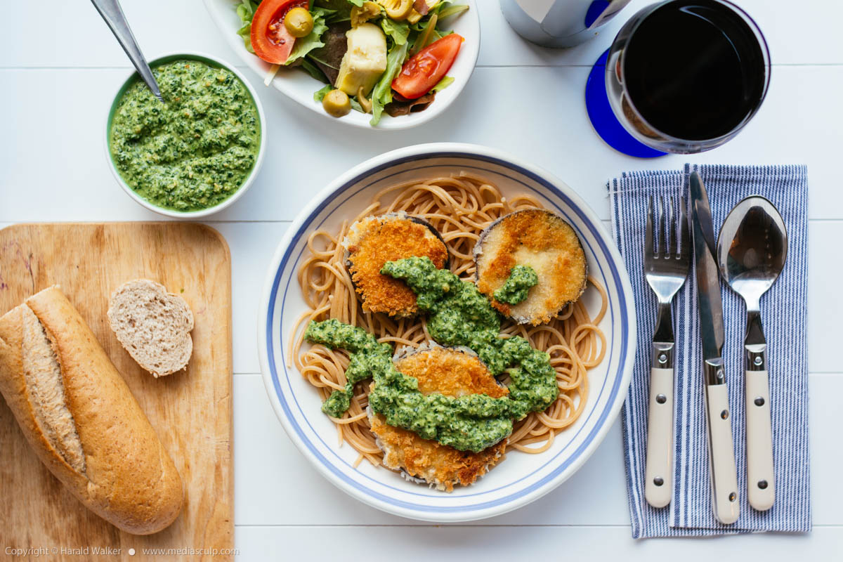 Stock photo of Breaded Eggplant with Spinach Pesto