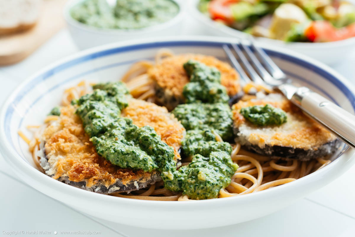 Stock photo of Breaded Eggplant with Spinach Pesto