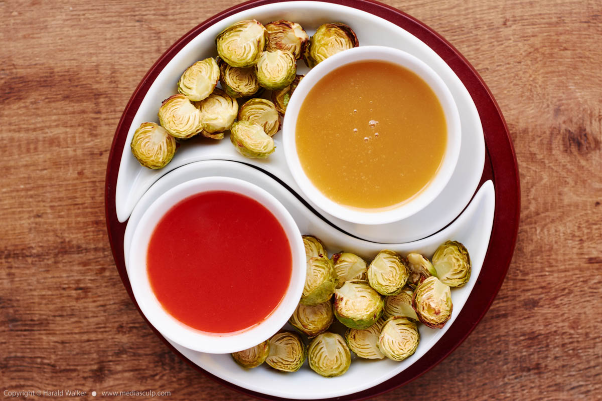Stock photo of Roasted Brussels Sprouts with 2 Dips