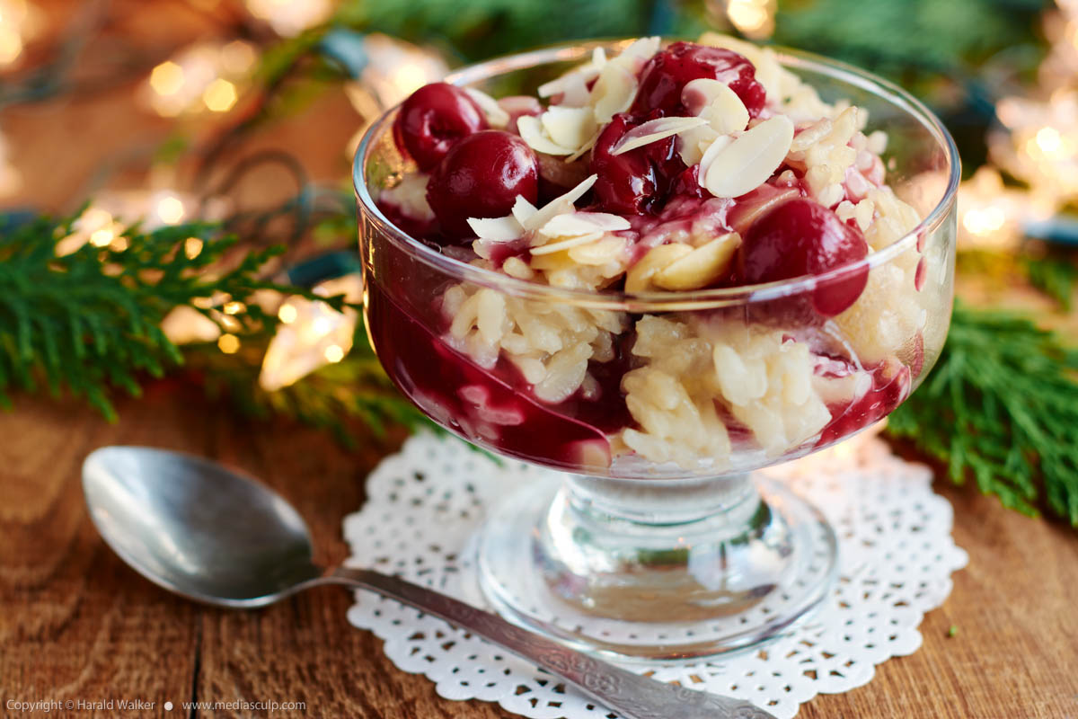 Stock photo of Almond Rice Pudding with Cherry Sauce