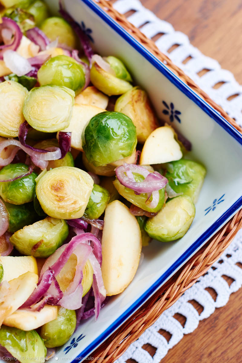 Stock photo of Brussels Sprouts with Apples and Red Onions