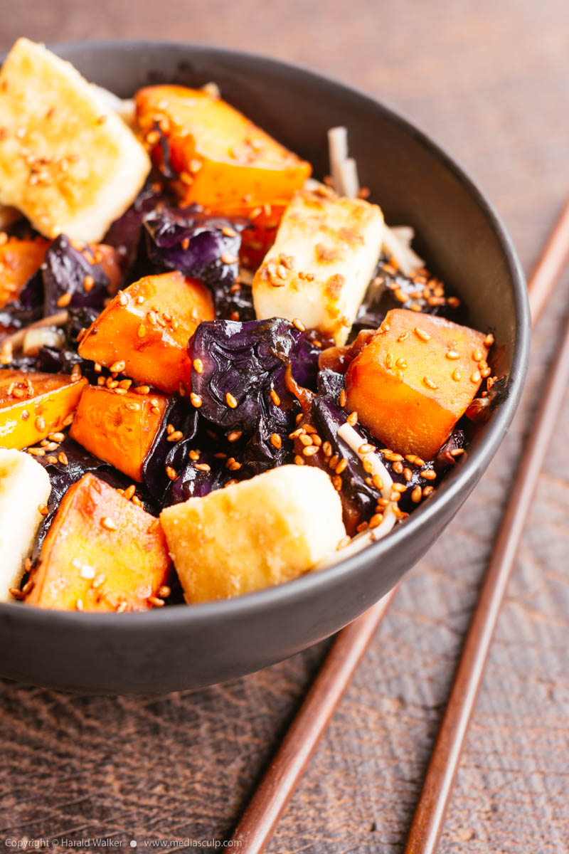 Stock photo of Stir-fried Tofu with Red Cabbage and Winter Squash