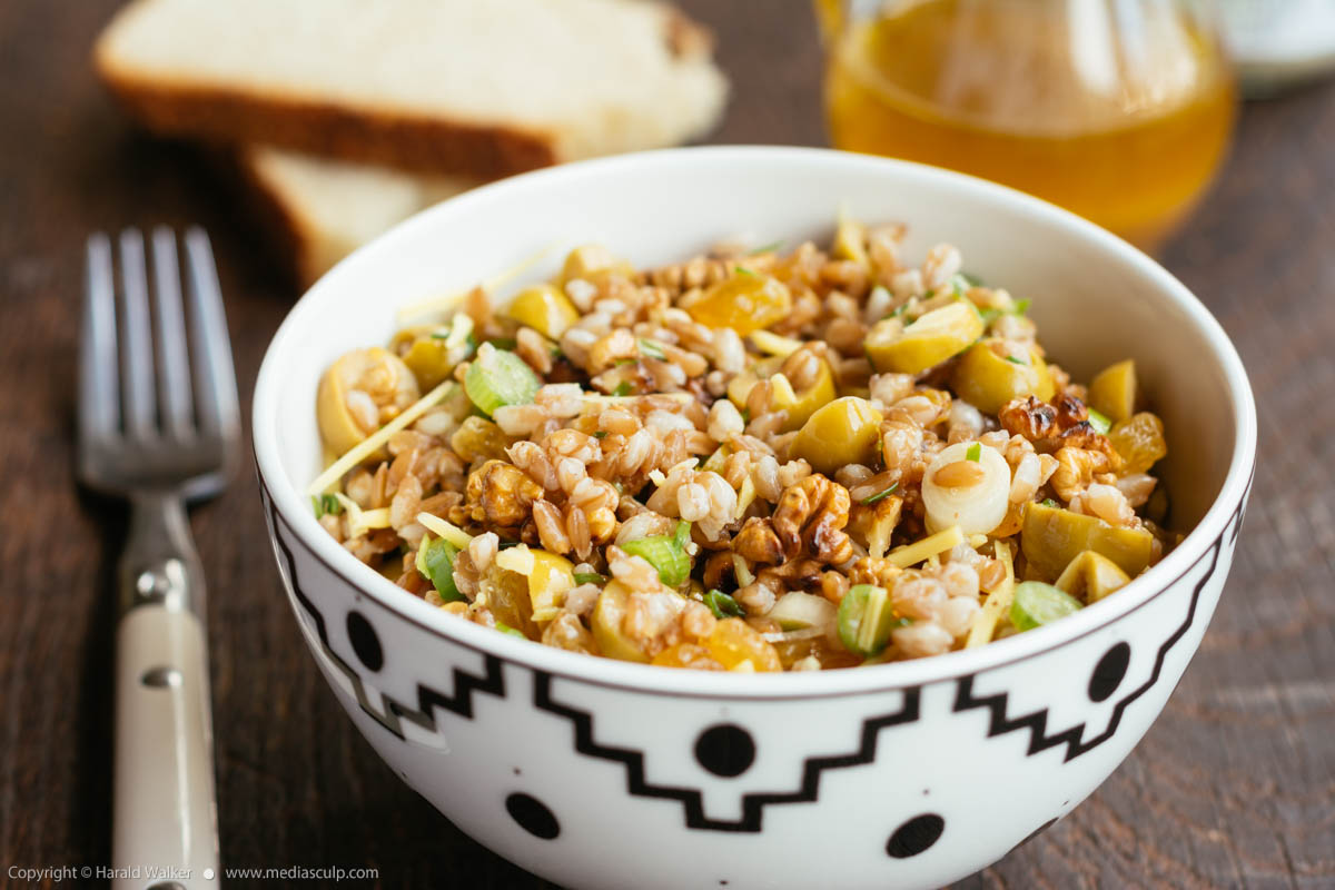 Stock photo of Emmer (Farro) with Green Olives, Raisins and Walnuts