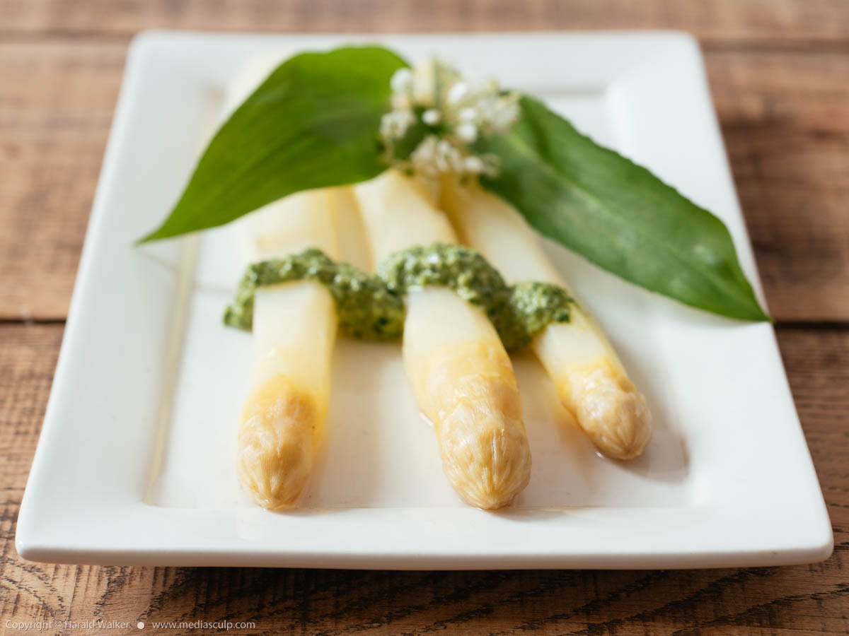 Stock photo of White Asparagus with Wild Garlic Pesto