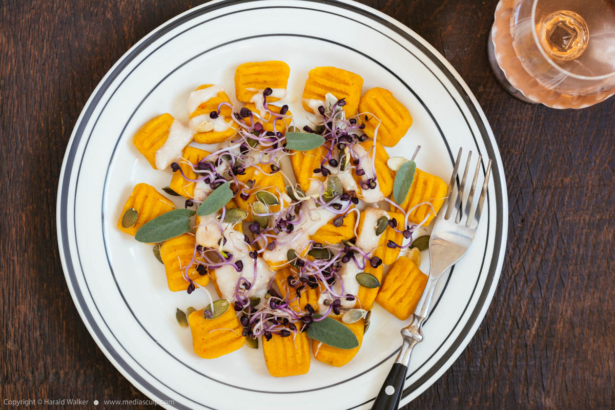 Stock photo of Winter Squash Gnocchi with Garlicy Sauce, Sprouts and Pumpkin Seeds