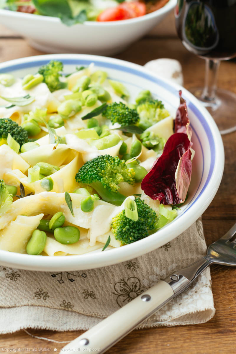 Stock photo of Pappardelle with fava beans and broccoli