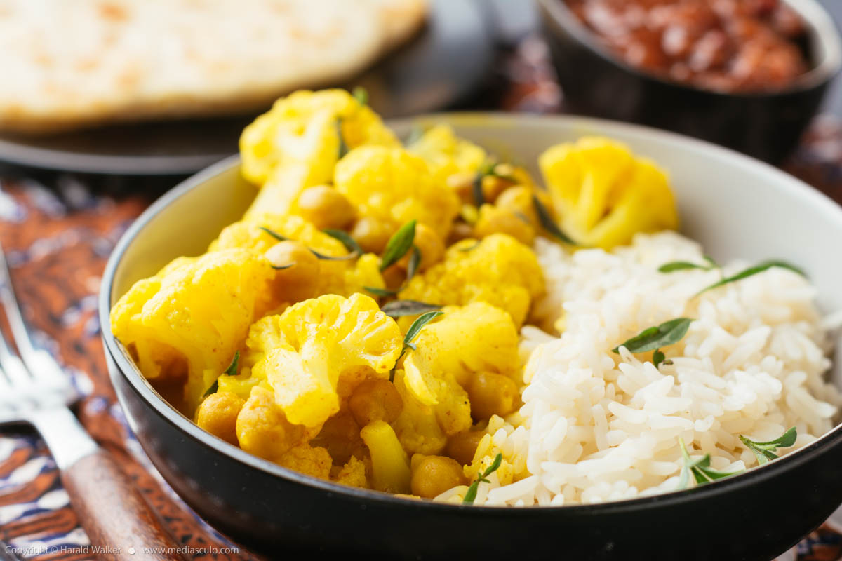 Stock photo of Curried Cauliflower and Chickpeas, Chapati and Chutney