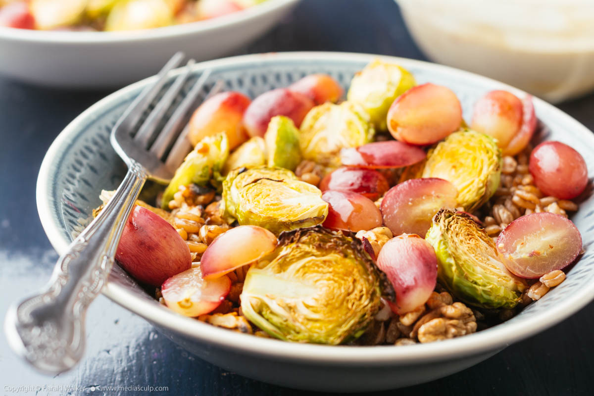 Stock photo of Farro with Roasted Brussels Spouts and Red Grapes