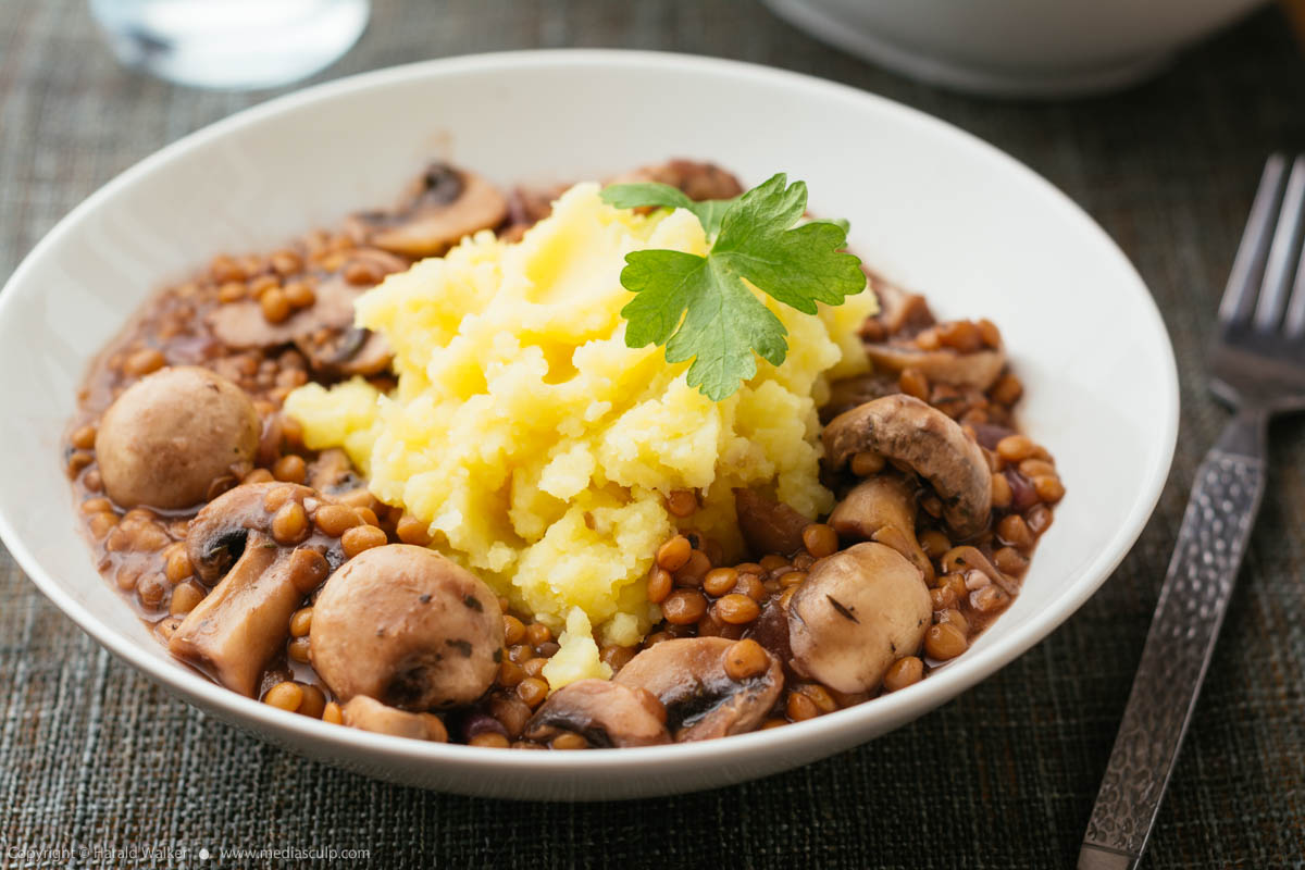 Stock photo of Lentil mushroom bourguignon with mashed potatoes