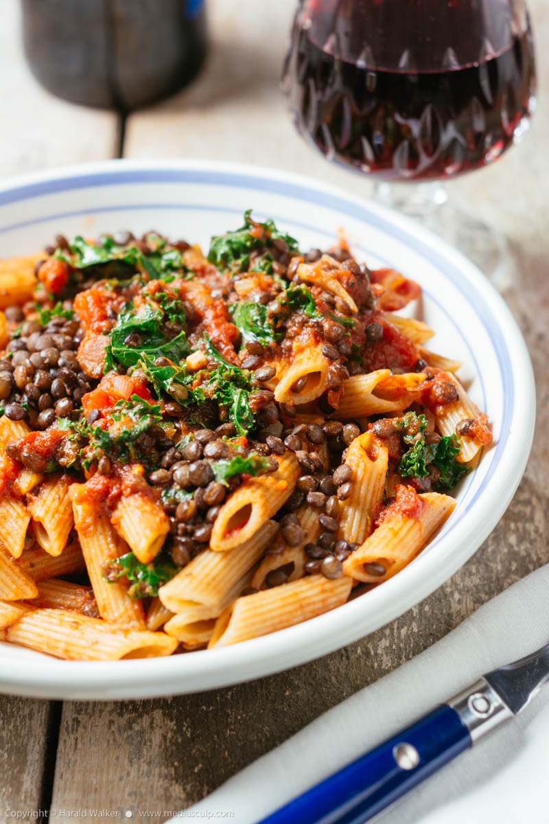Stock photo of Rigatoni with Lentil Bolognese and Kale