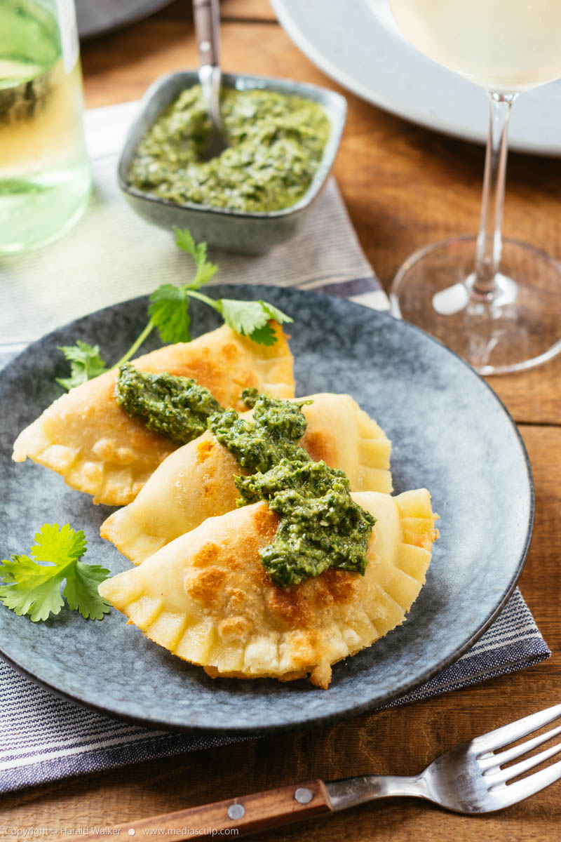Stock photo of Squash pot-stickers with a cilantro sauce