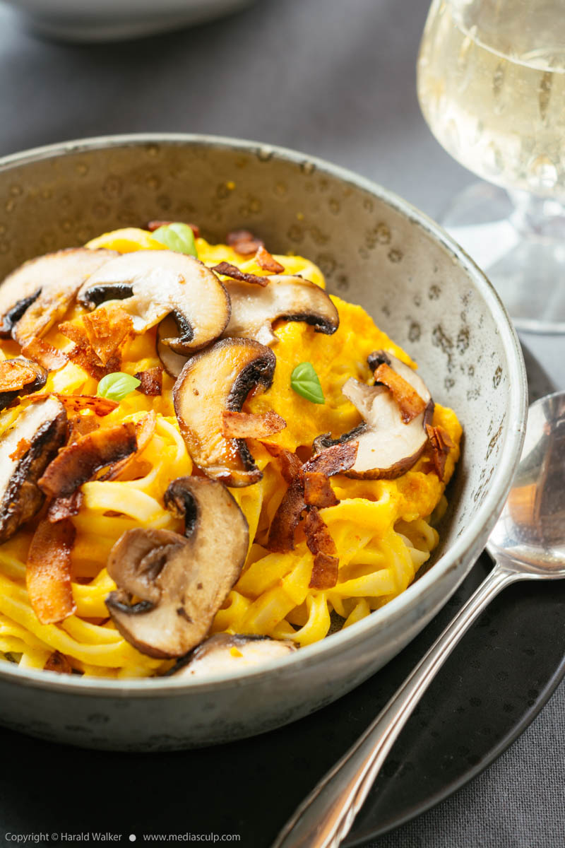 Stock photo of Pumpkin Alfredo with Mushrooms and Coconut Bacon