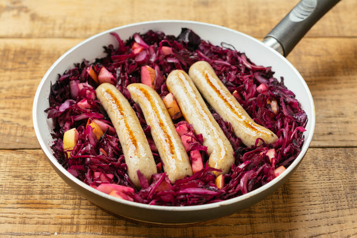 Stock photo of Braised Red Cabbage with Vegan Sausages