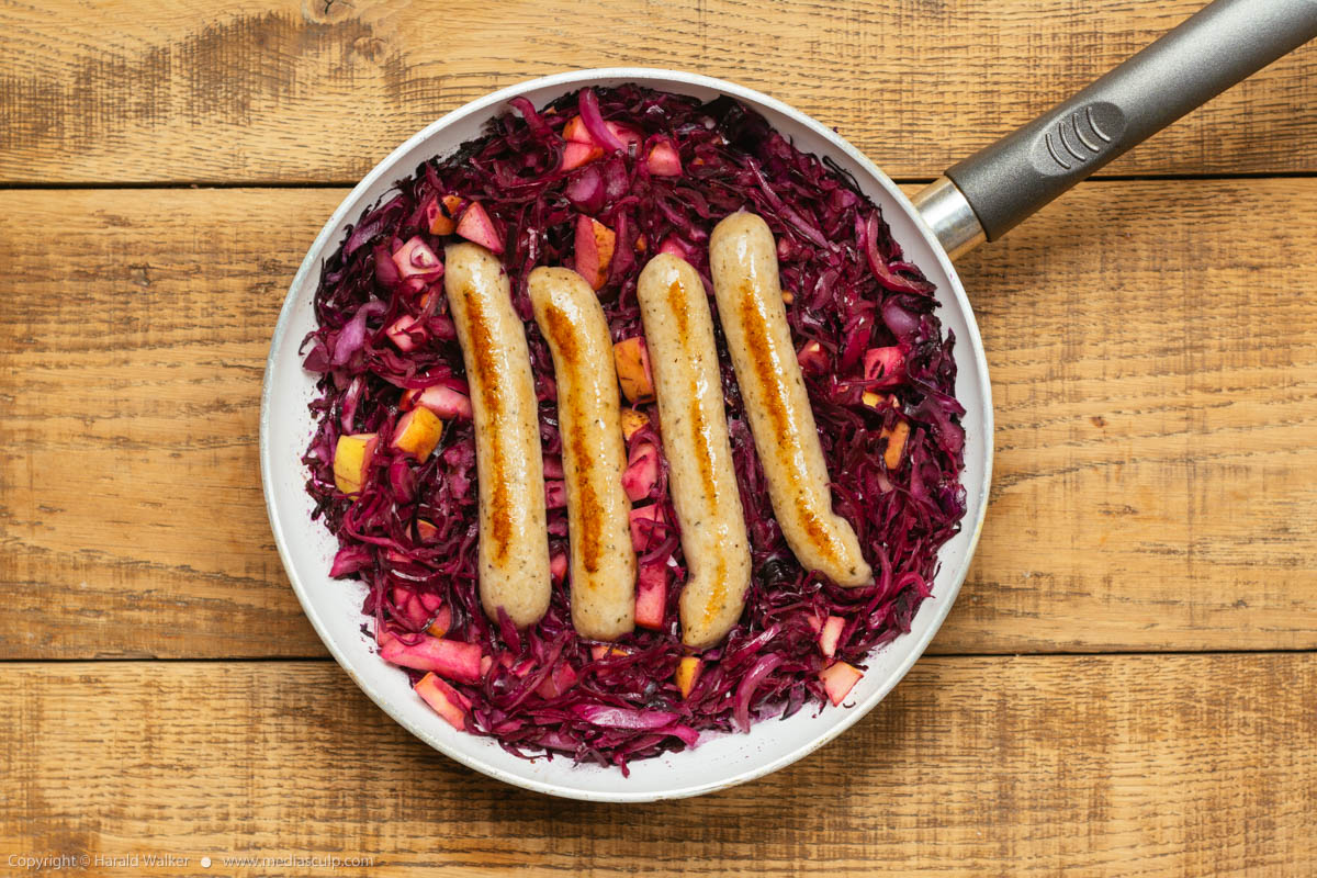 Stock photo of Braised Red Cabbage with Vegan Sausages
