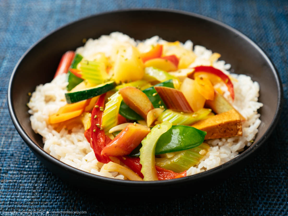 Stock photo of Sweet Sour Vegetables with Rhubarb, Pineapple and Tofu