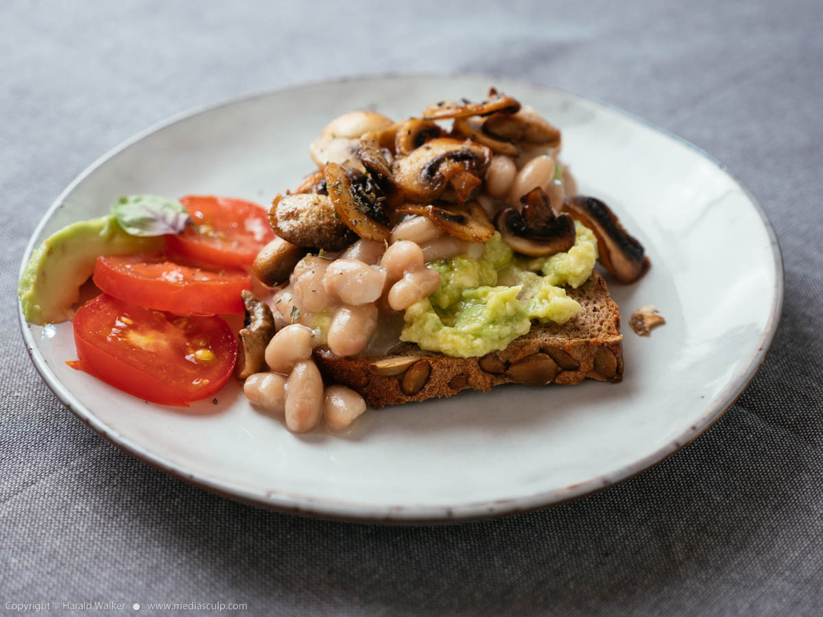Stock photo of Avocado Toast with White Beans and Mushrooms and Mushrooms