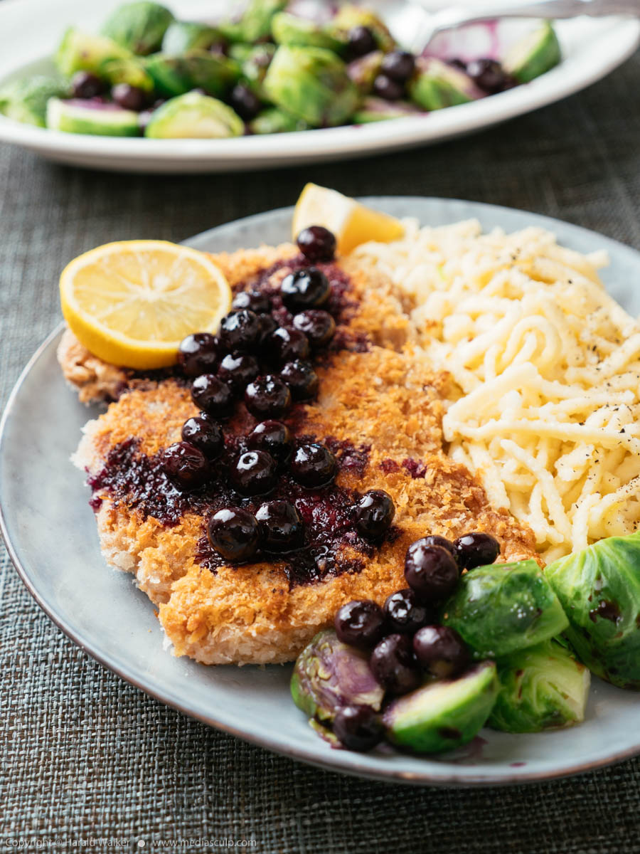 Stock photo of TVP Schnitzels with Pickled Blueberry Sauce
