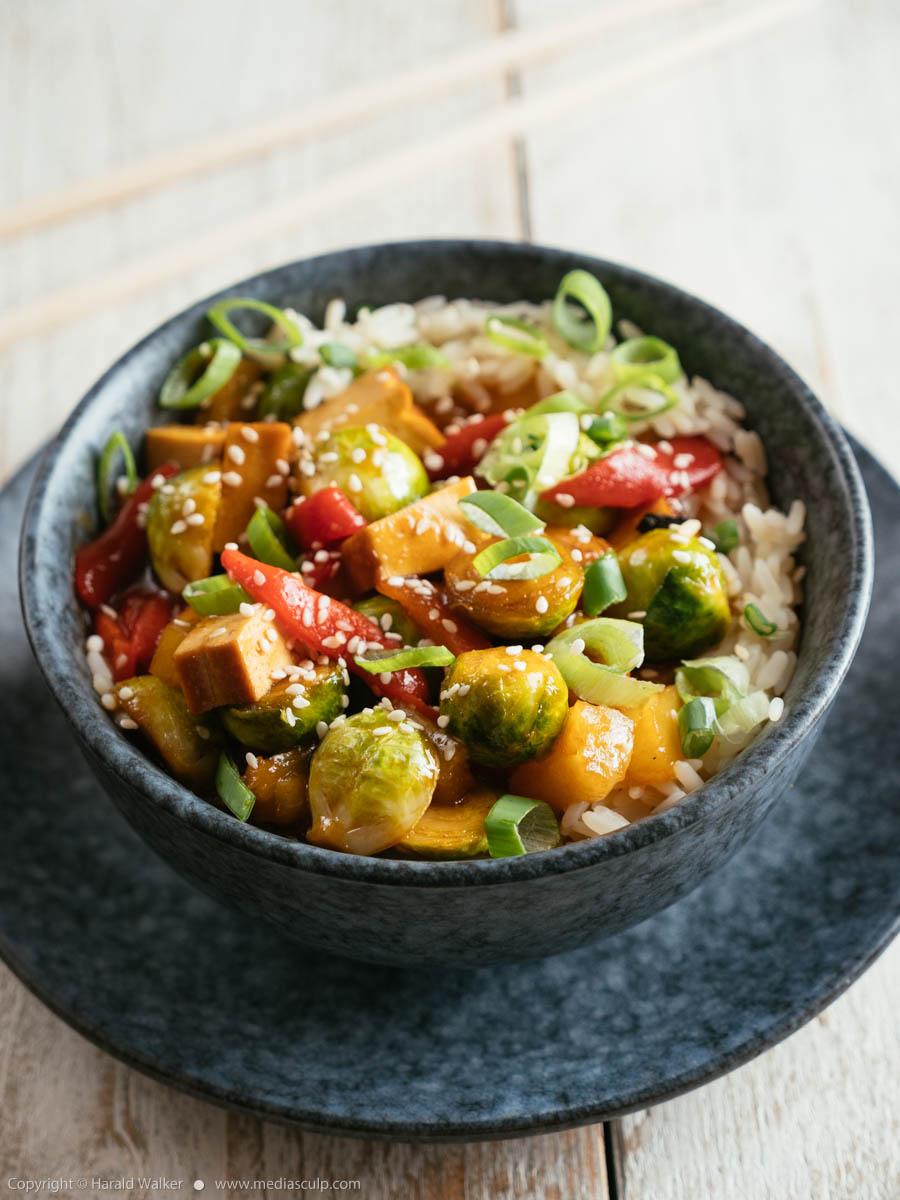 Stock photo of Sweet Sour Brussels Sprouts with Tofu