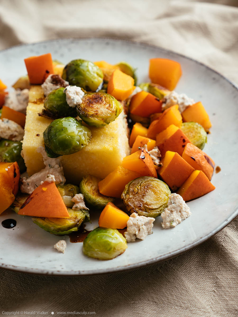 Stock photo of Sage Polenta with Brussels Sprouts and Winter Squash
