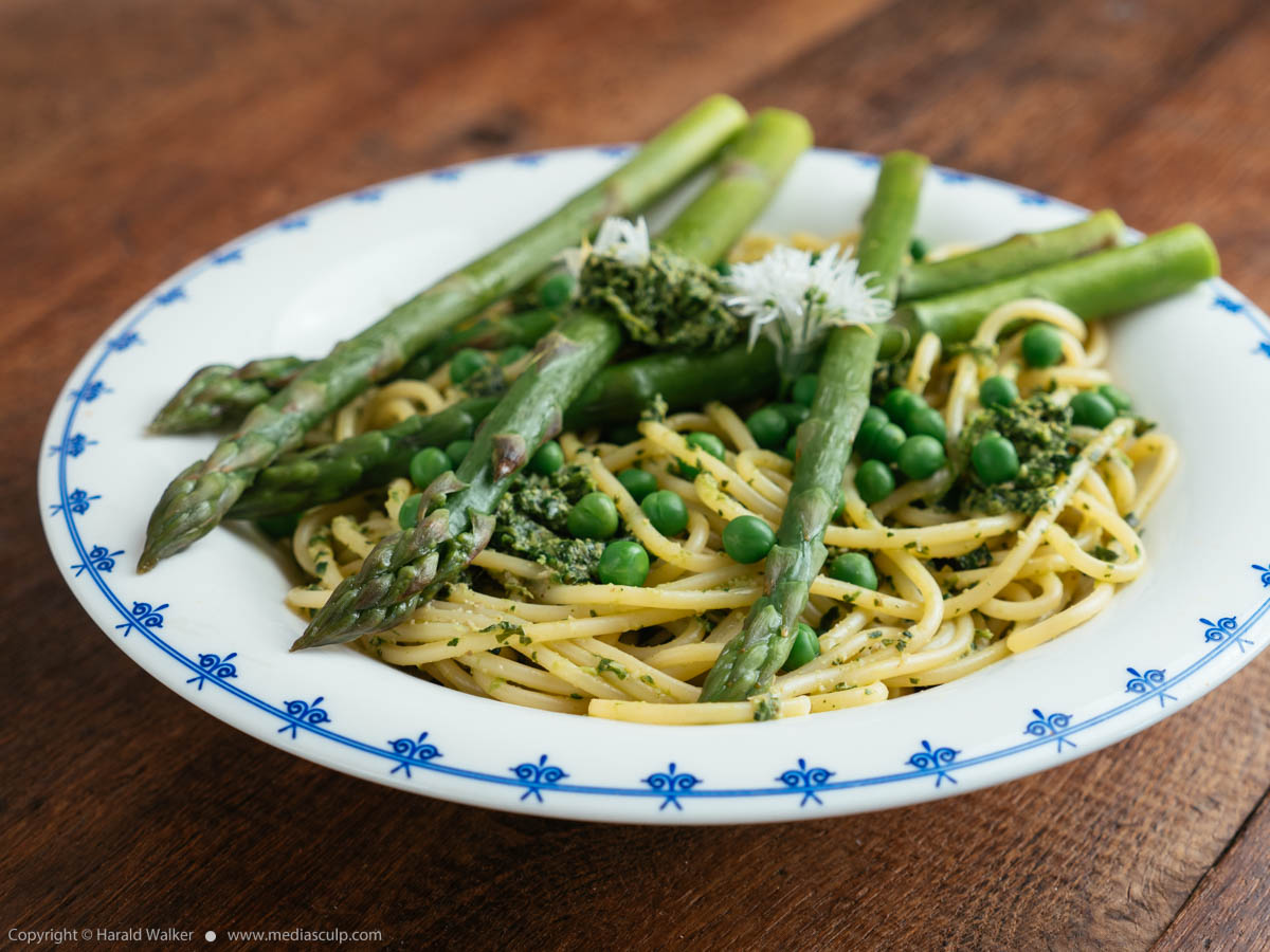Stock photo of Springtime Pasta with Asparagus, Peas and Wild Garlic Pesto
