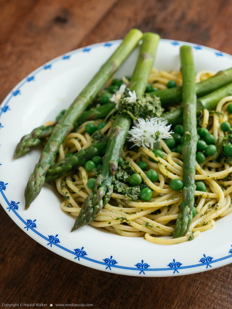 Stock photo of Springtime Pasta with Asparagus, Peas and Wild Garlic Pesto