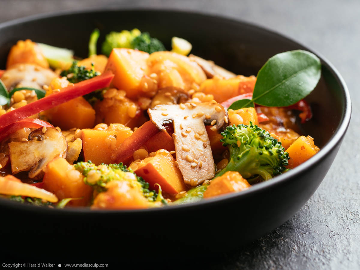 Stock photo of Thai Red Curry with Winter Squash, Broccoli and Mushrooms