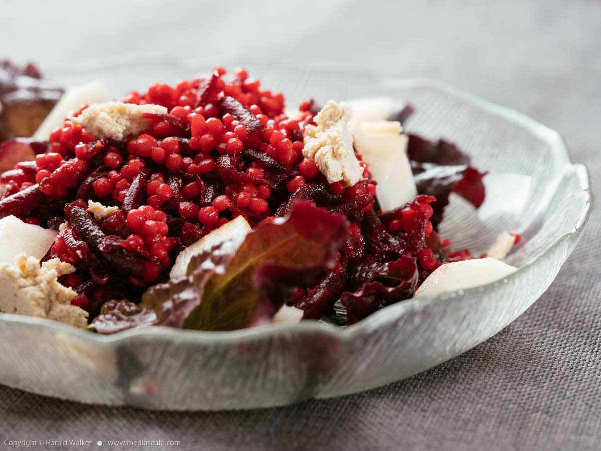 Stock photo of Shoestring Beets with Pearl Couscous and Pears