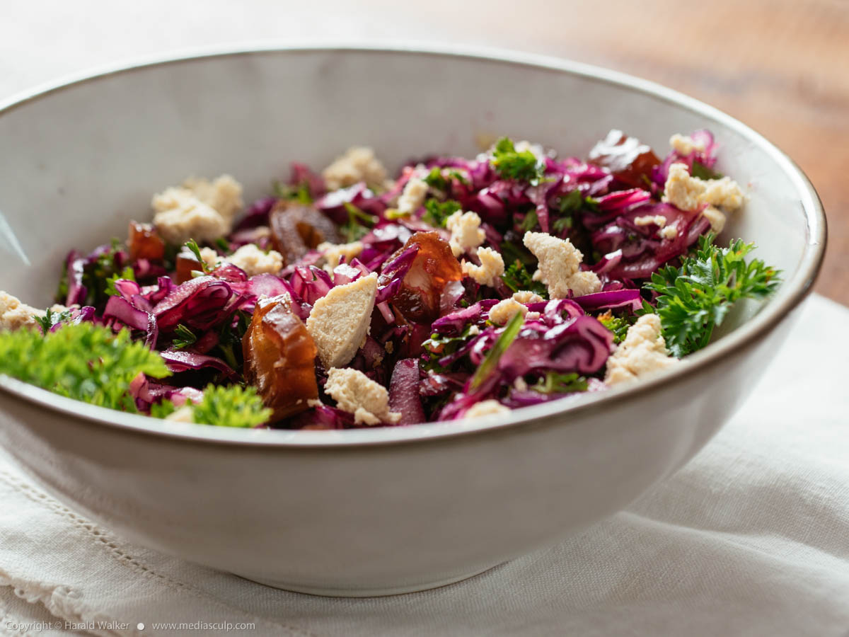 Stock photo of Red Cabbage Slaw with Dates and Vegan feta