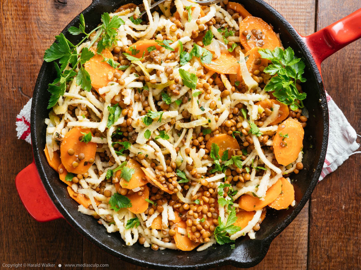 Stock photo of Carrots and Lentils with German Pasta (Spaetzle)