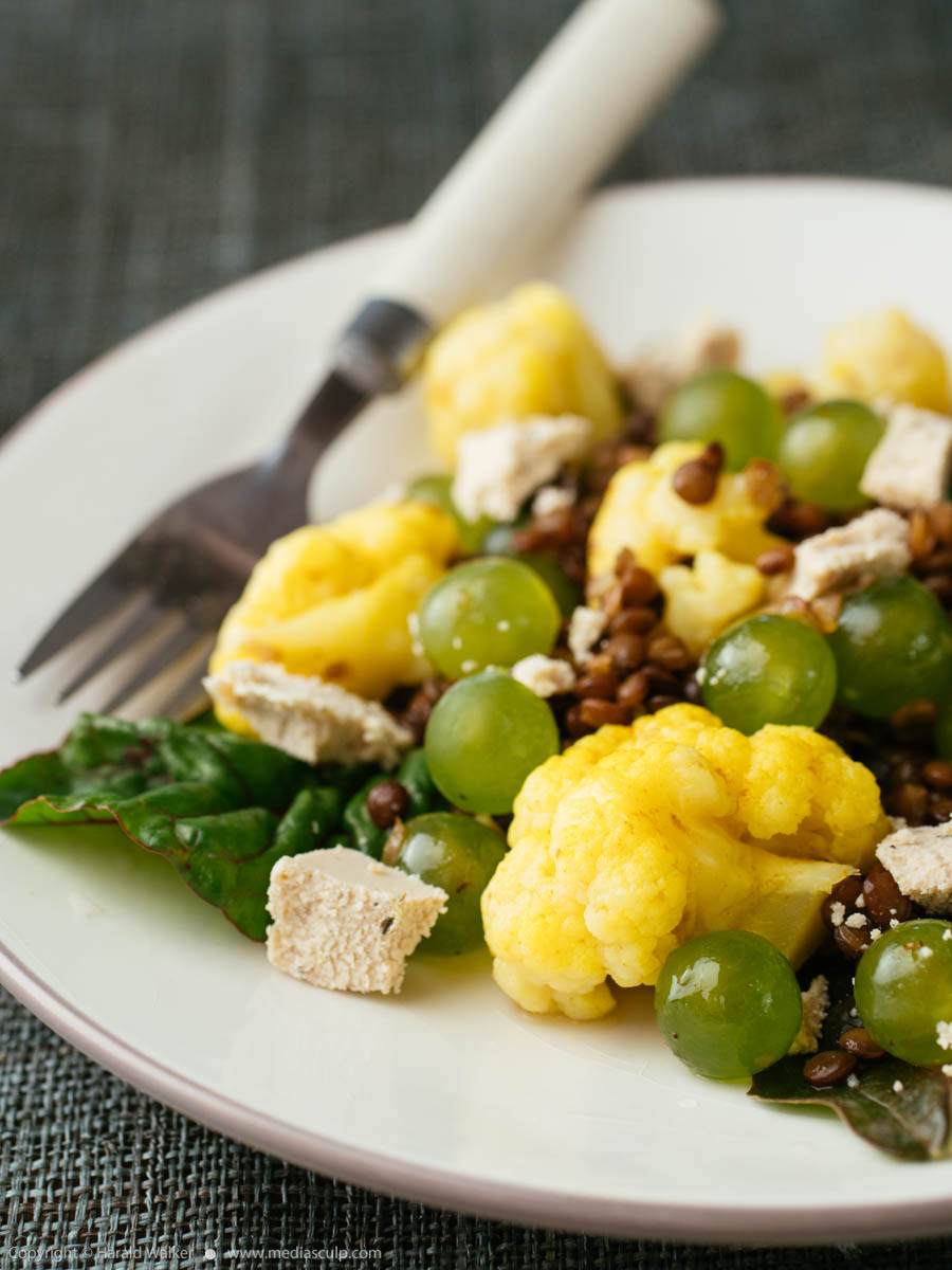 Stock photo of Lentils, Curried Cauliflower with Grapes Salad