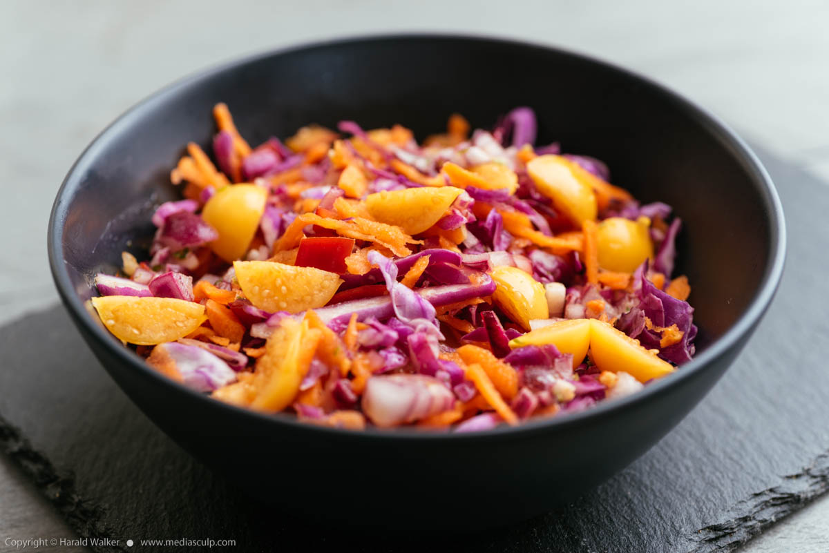 Stock photo of Red Cabbage Coleslaw with Physalis