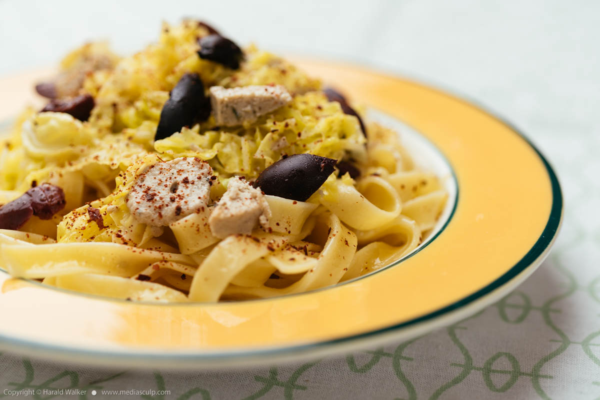 Stock photo of Pasta with Savoy Cabbage, Olives and Vegan Feta