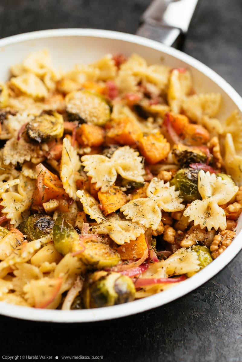 Stock photo of Roasted Brussels Sprouts, Winter Squash Pasta Meal
