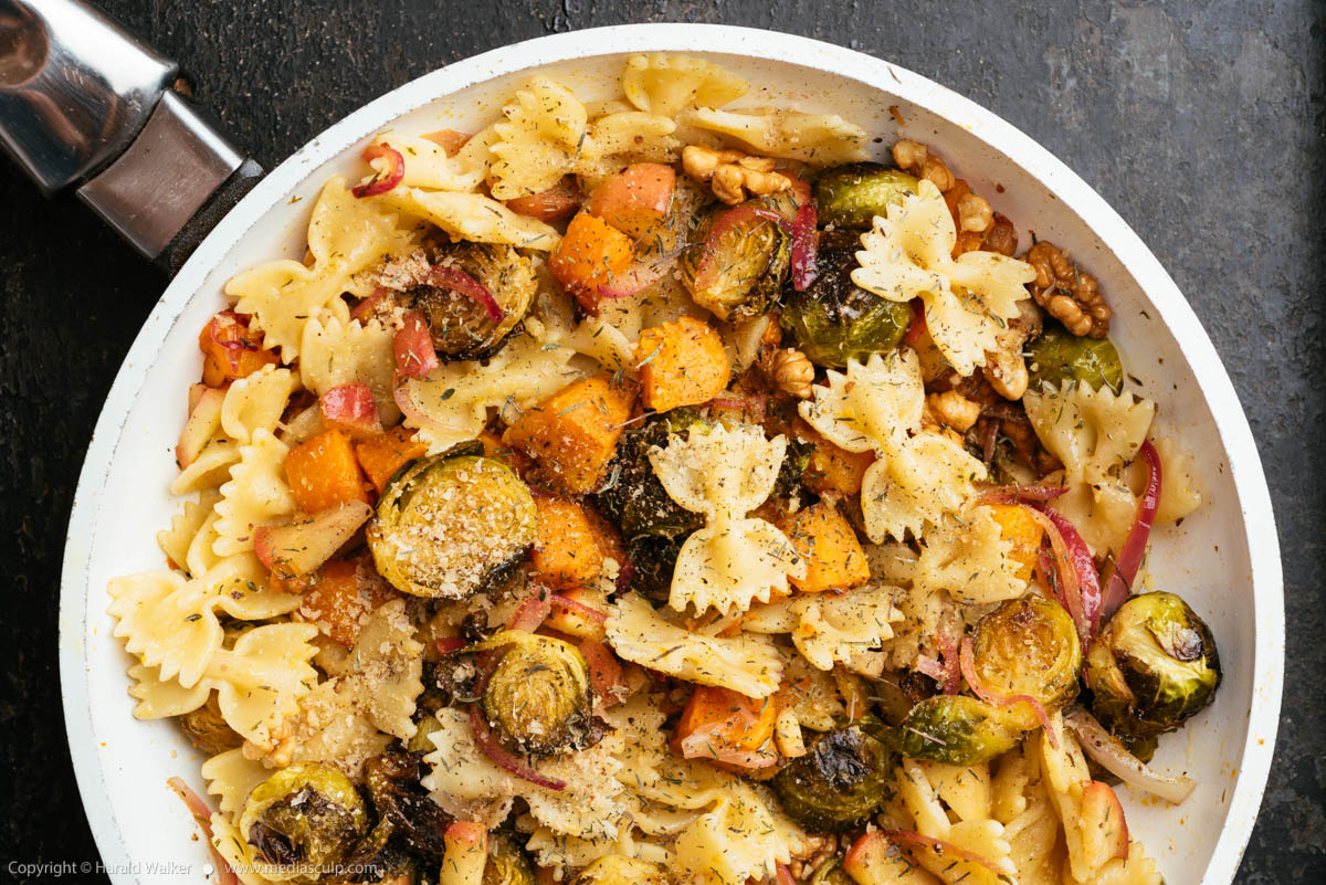 Stock photo of Roasted Brussels Sprouts, Winter Squash Pasta Meal
