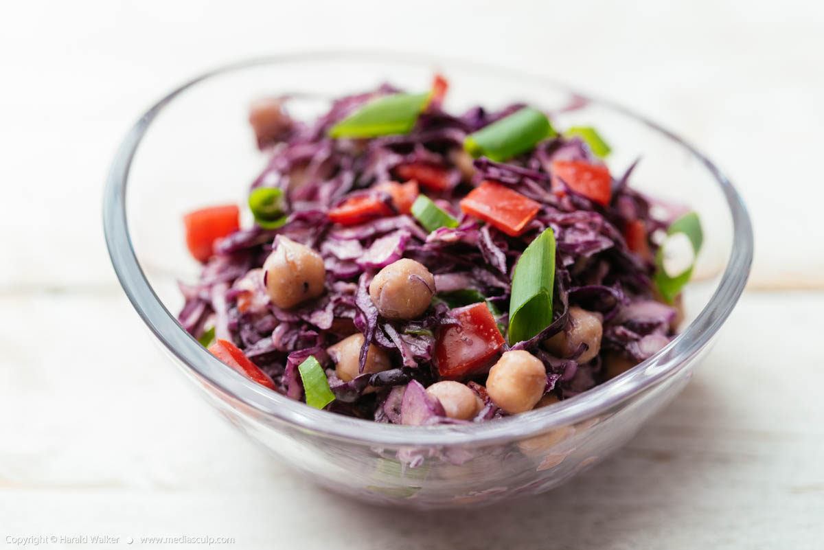 Stock photo of Red Cabbage Salad with Chickpeas and Tahini Dressing