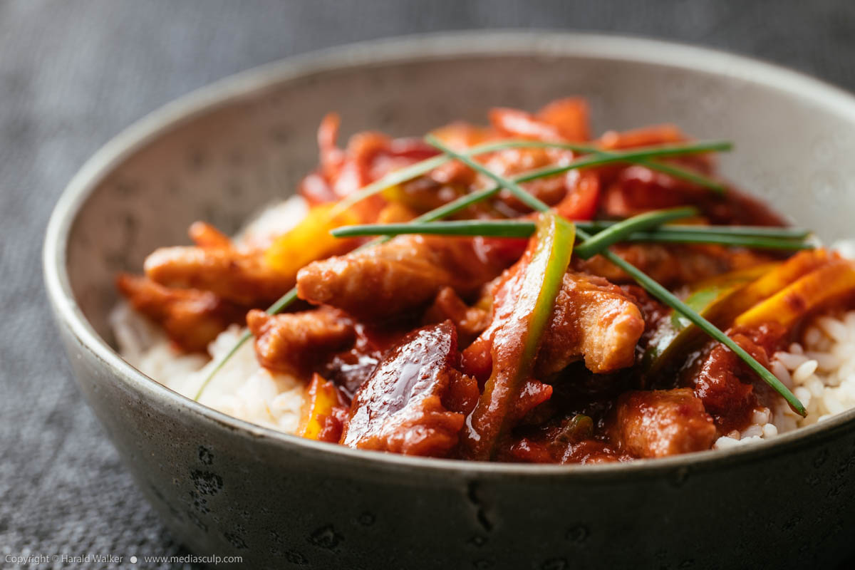 Stock photo of Chinese Plum TVP with peppers