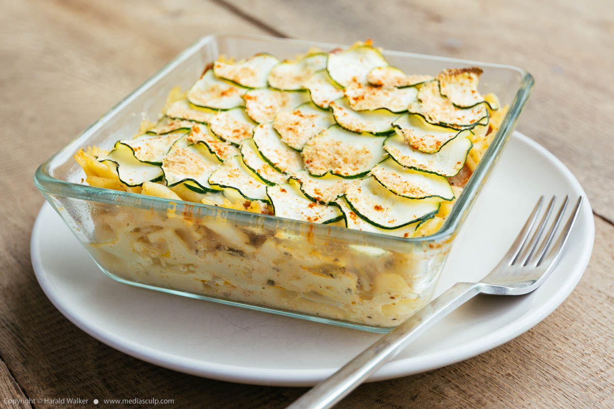 Stock photo of Pasta Gratin with Spicy Tofu Pieces ad Zucchini