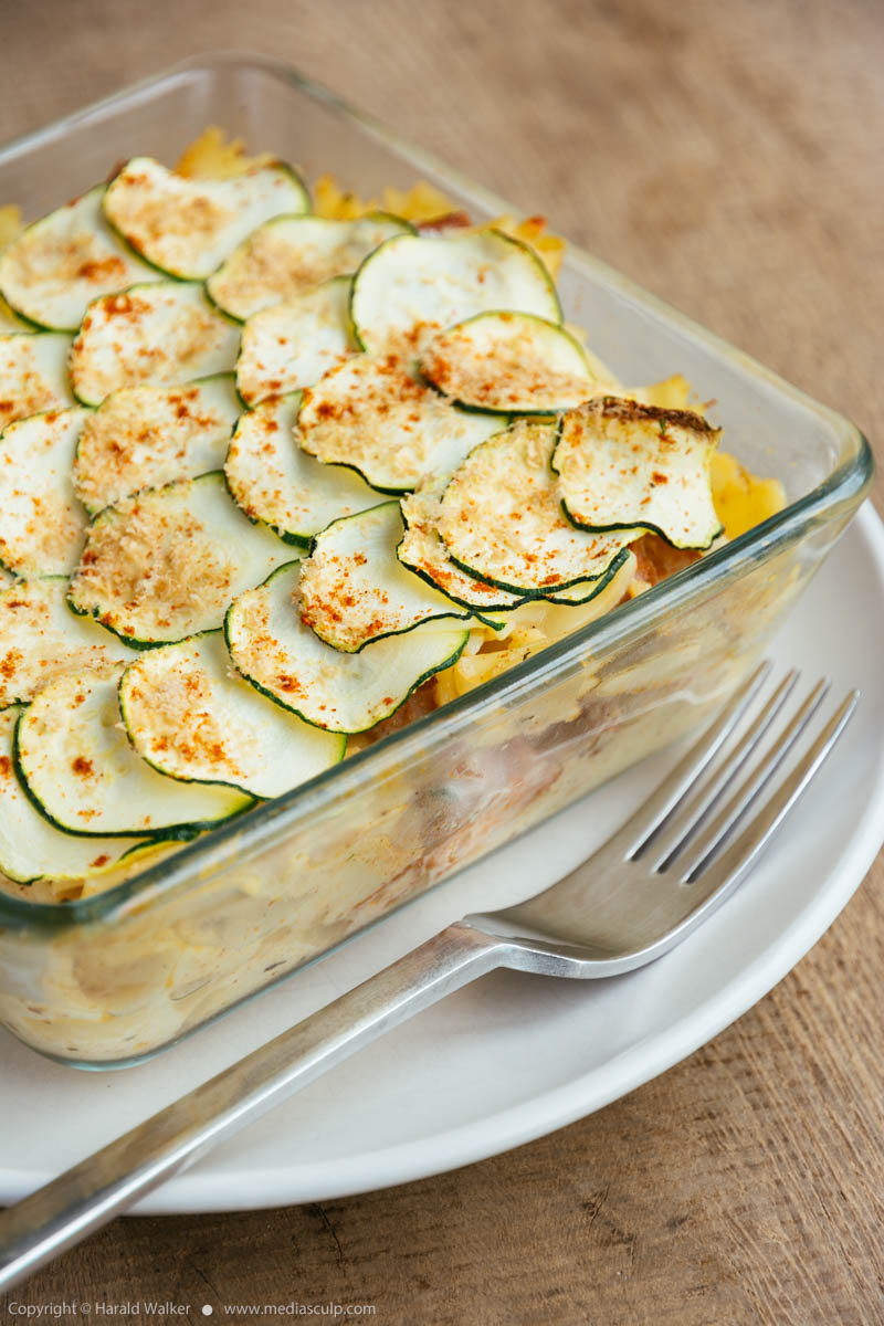 Stock photo of Pasta Gratin with Spicy Tofu Pieces ad Zucchini