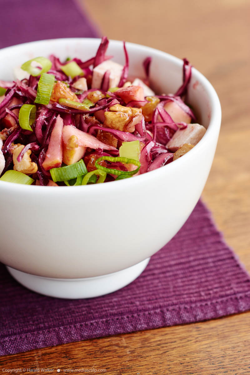 Stock photo of Red Cabbage Waldorf with Golden Raisins and Tofu Feta